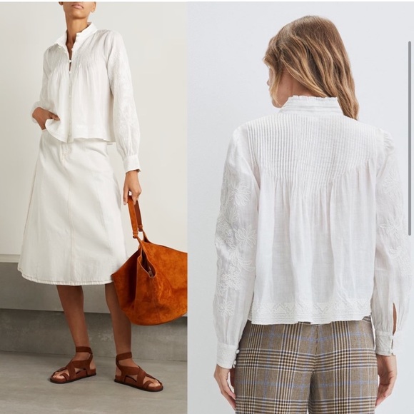 VERONICA BEARD • Amandine High Neck Pleated Floral Embroidered Top White - Picture 2 of 9